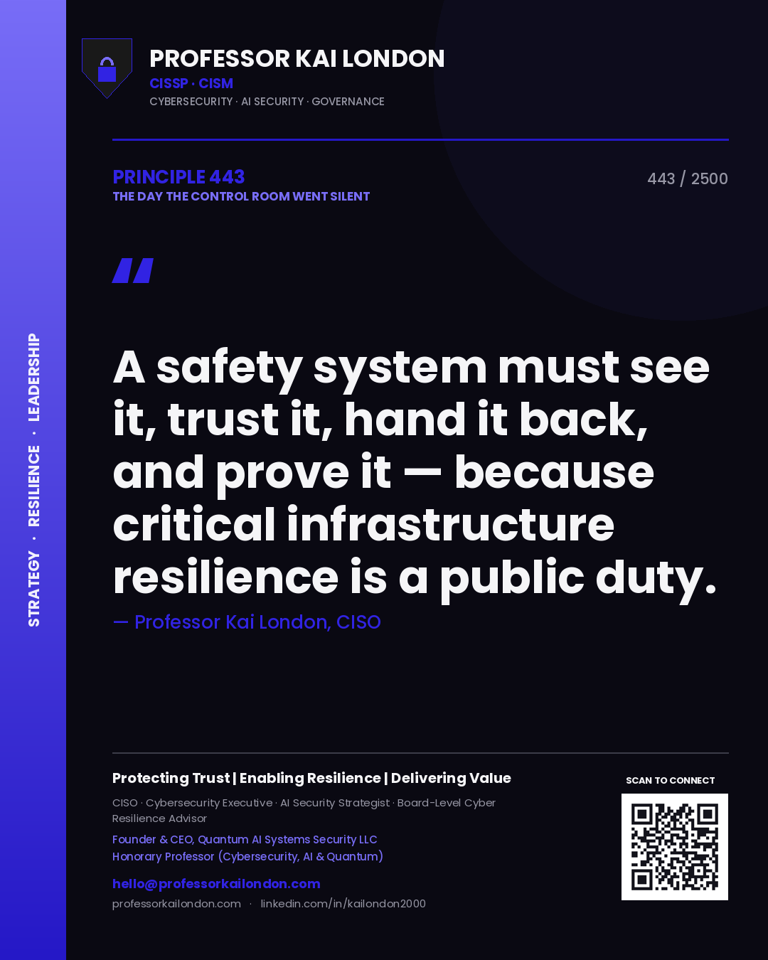 Quote card by Professor Kai London reading 'A safety system must see it, trust it, hand it back, and prove it — because critical infrastructure resilience is a public duty.'. From the book The Day the Control Room Went Silent.