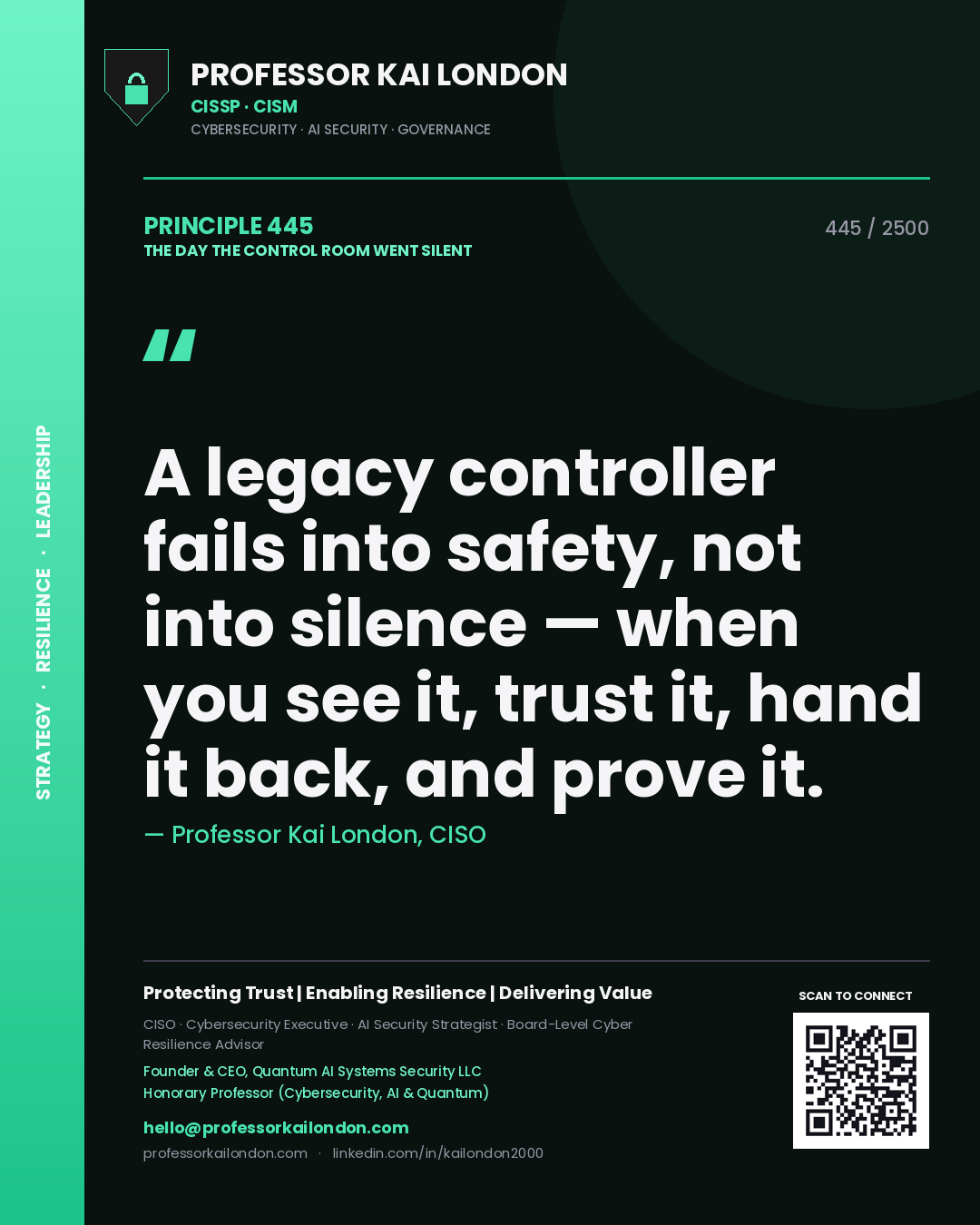 Professor Kai London principle 445: A legacy controller fails into safety, not into silence — when you see it, trust it, hand it back, and prove it.