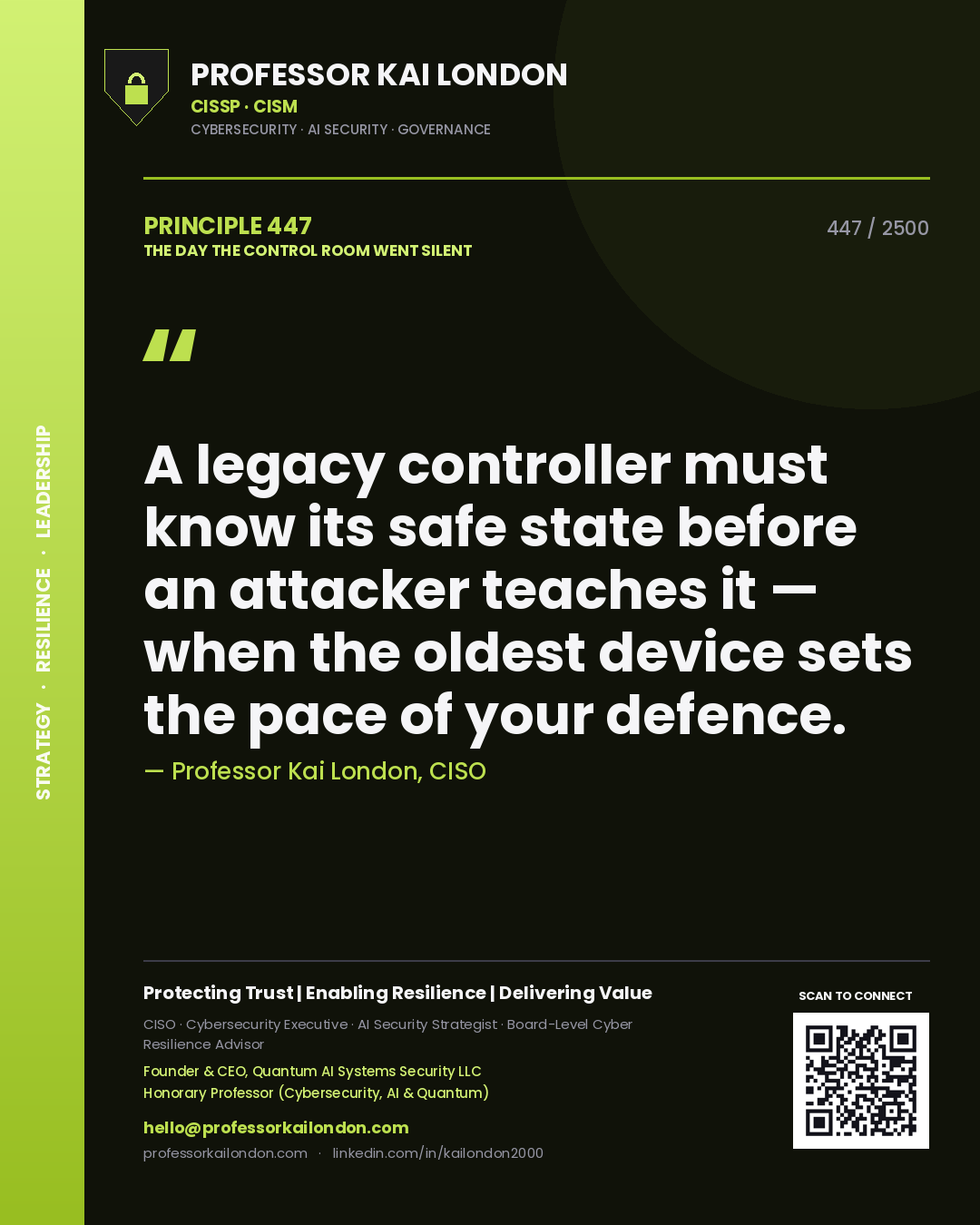 Quote card by Professor Kai London reading 'A legacy controller must know its safe state before an attacker teaches it — when the oldest device sets the pace of your defence.'. From the book The Day the Control Room Went Silent.