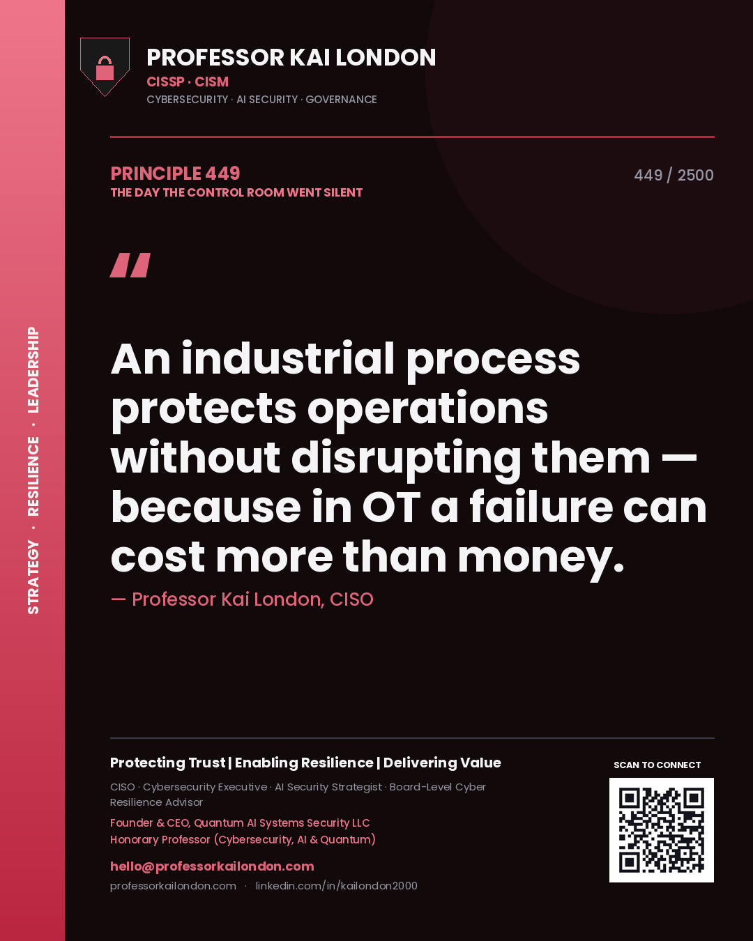 Professor Kai London principle 449: An industrial process protects operations without disrupting them — because in OT a failure can cost more than money.