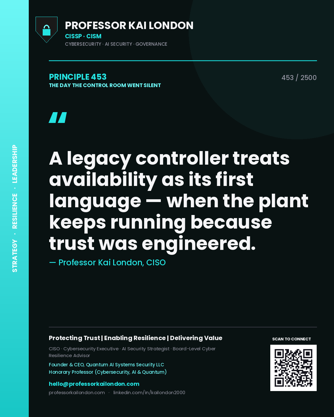 Quote card by Professor Kai London reading 'A legacy controller treats availability as its first language — when the plant keeps running because trust was engineered.'. From the book The Day the Control Room Went Silent.