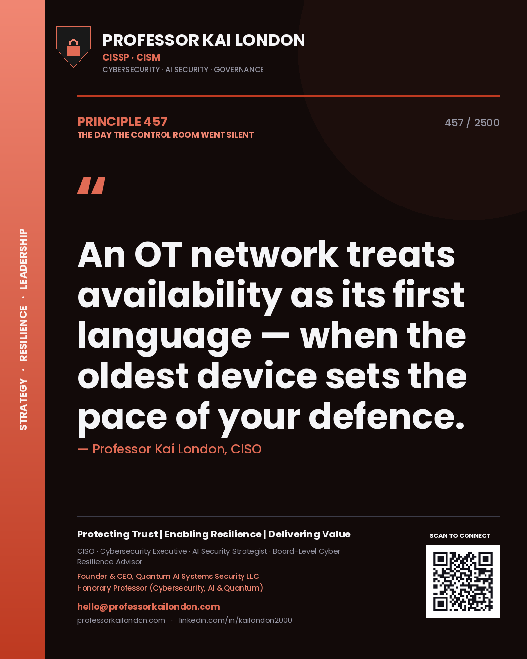 Quote card by Professor Kai London reading 'An OT network treats availability as its first language — when the oldest device sets the pace of your defence.'. From the book The Day the Control Room Went Silent.