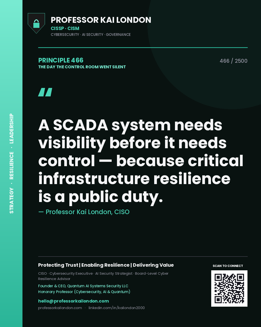 Quote card by Professor Kai London reading 'A SCADA system needs visibility before it needs control — because critical infrastructure resilience is a public duty.'. From the book The Day the Control Room Went Silent.
