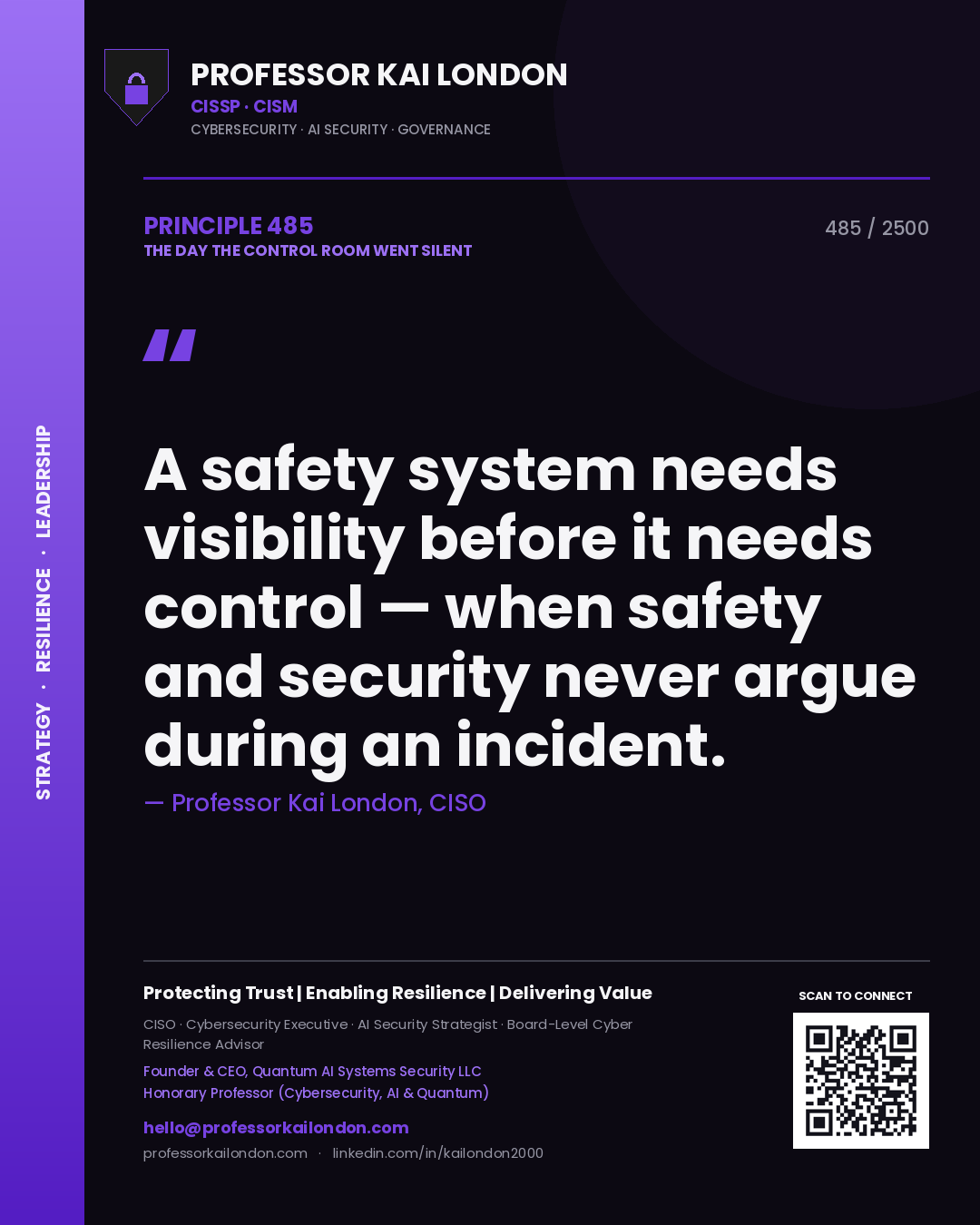 Quote card by Professor Kai London reading 'A safety system needs visibility before it needs control — when safety and security never argue during an incident.'. From the book The Day the Control Room Went Silent.