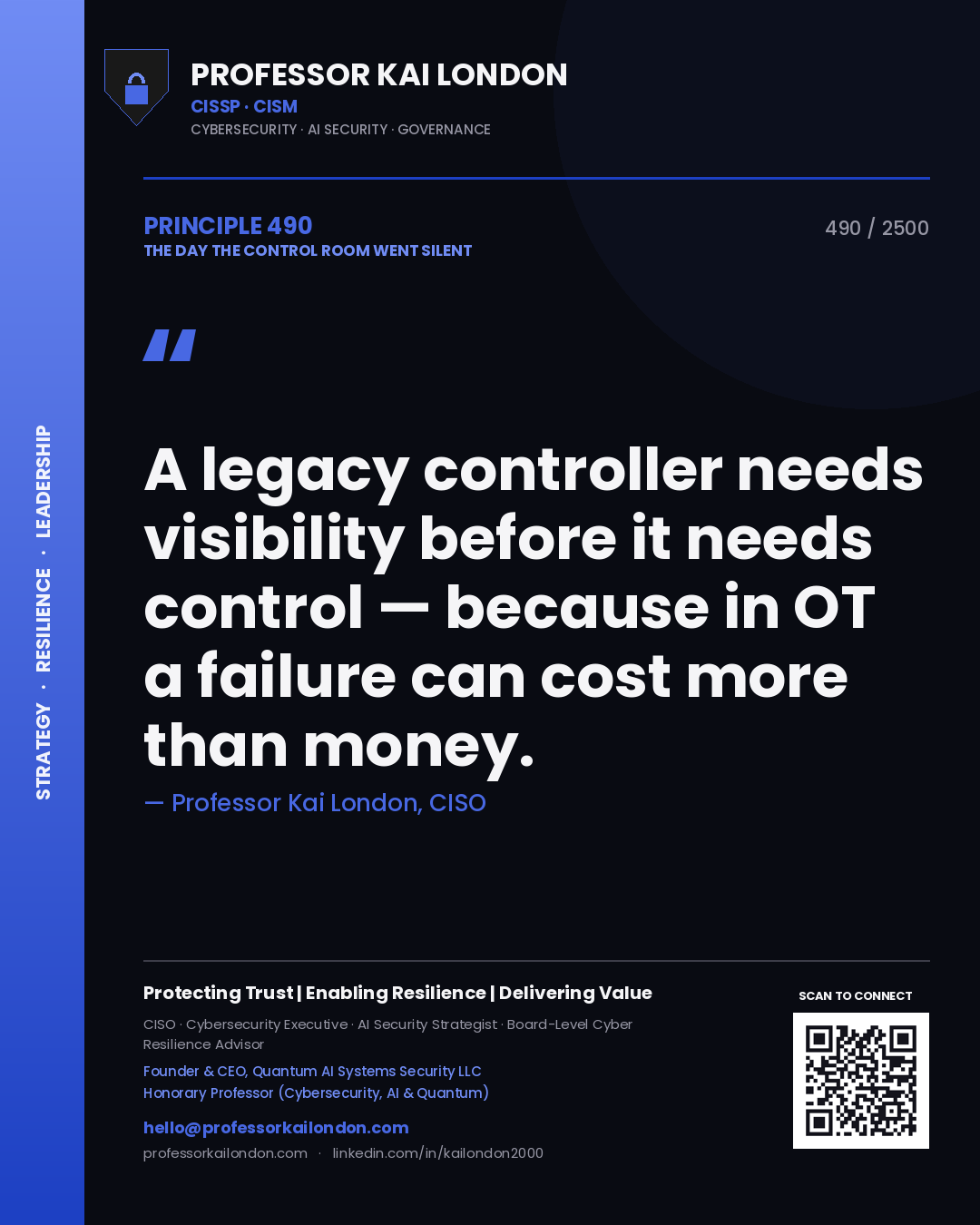 Quote card by Professor Kai London reading 'A legacy controller needs visibility before it needs control — because in OT a failure can cost more than money.'. From the book The Day the Control Room Went Silent.