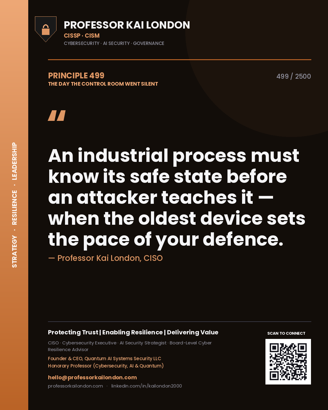 Quote card by Professor Kai London reading 'An industrial process must know its safe state before an attacker teaches it — when the oldest device sets the pace of your defence.'. From the book The Day the Control Room Went Silent.