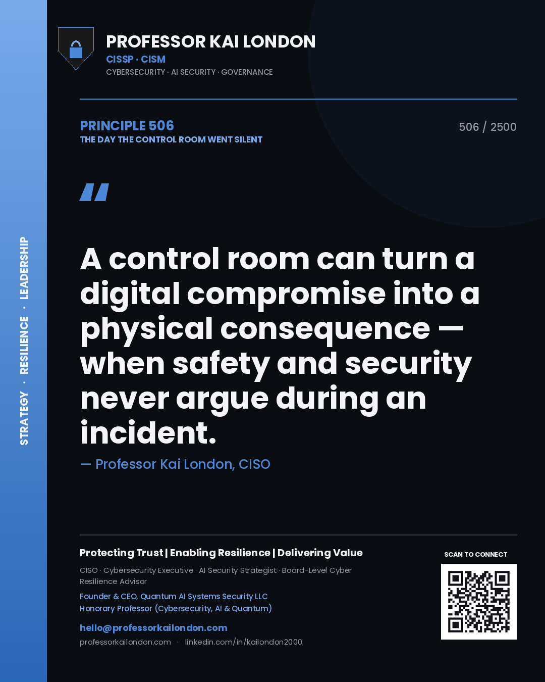 Professor Kai London principle 506: A control room can turn a digital compromise into a physical consequence — when safety and security never argue during an incident.