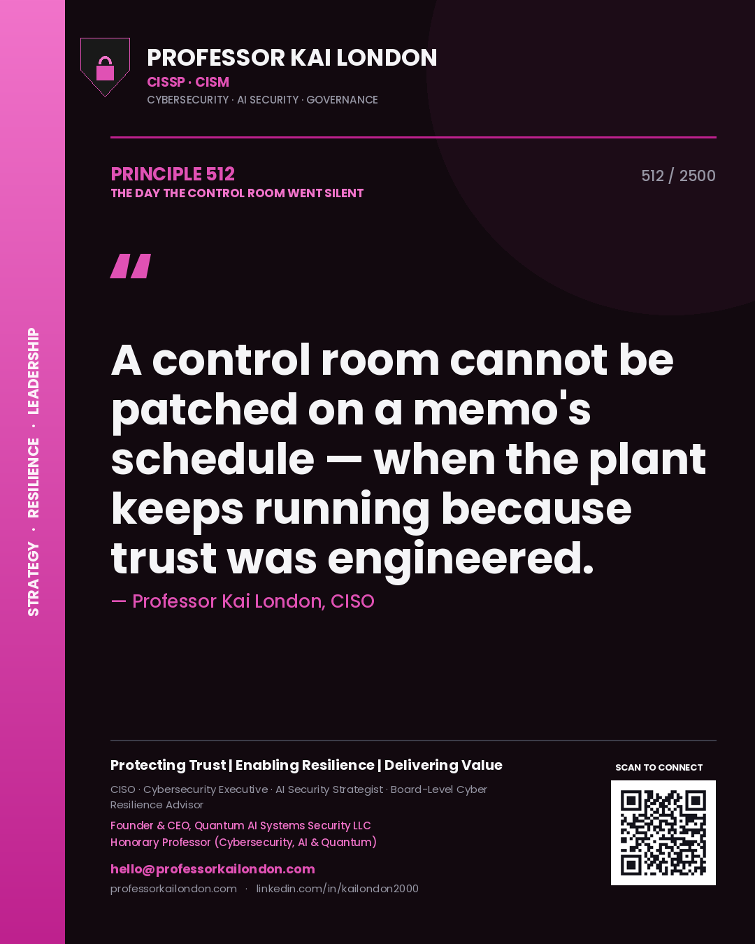Professor Kai London principle 512: A control room cannot be patched on a memo's schedule — when the plant keeps running because trust was engineered.