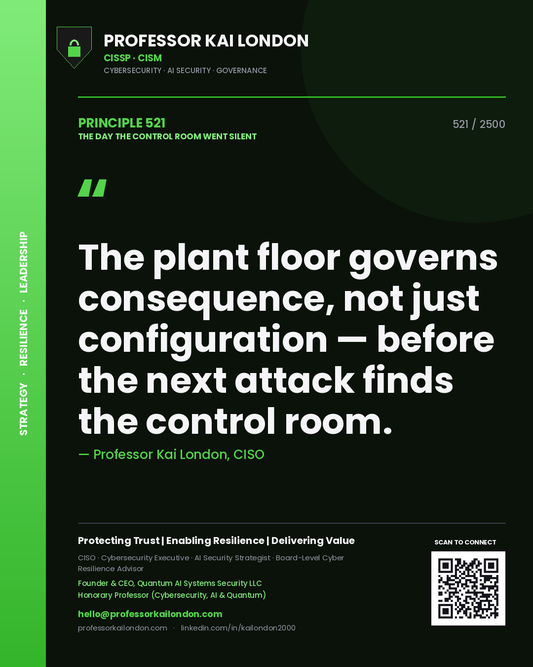 Professor Kai London principle 521: The plant floor governs consequence, not just configuration — before the next attack finds the control room.