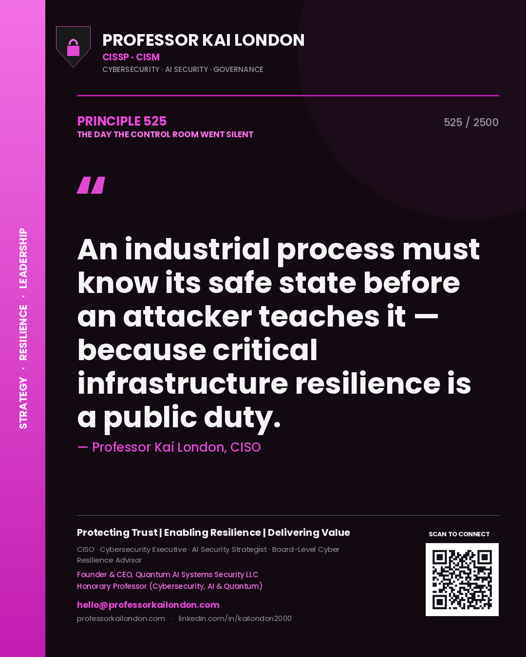 Professor Kai London principle 525: An industrial process must know its safe state before an attacker teaches it — because critical infrastructure resilience is a public duty.