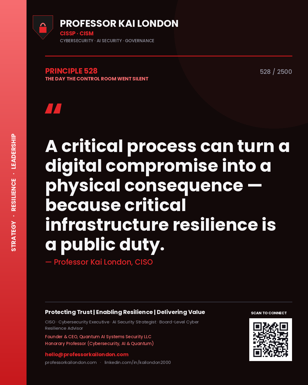 Quote card by Professor Kai London reading 'A critical process can turn a digital compromise into a physical consequence — because critical infrastructure resilience is a public duty.'. From the book The Day the Control Room Went Silent.