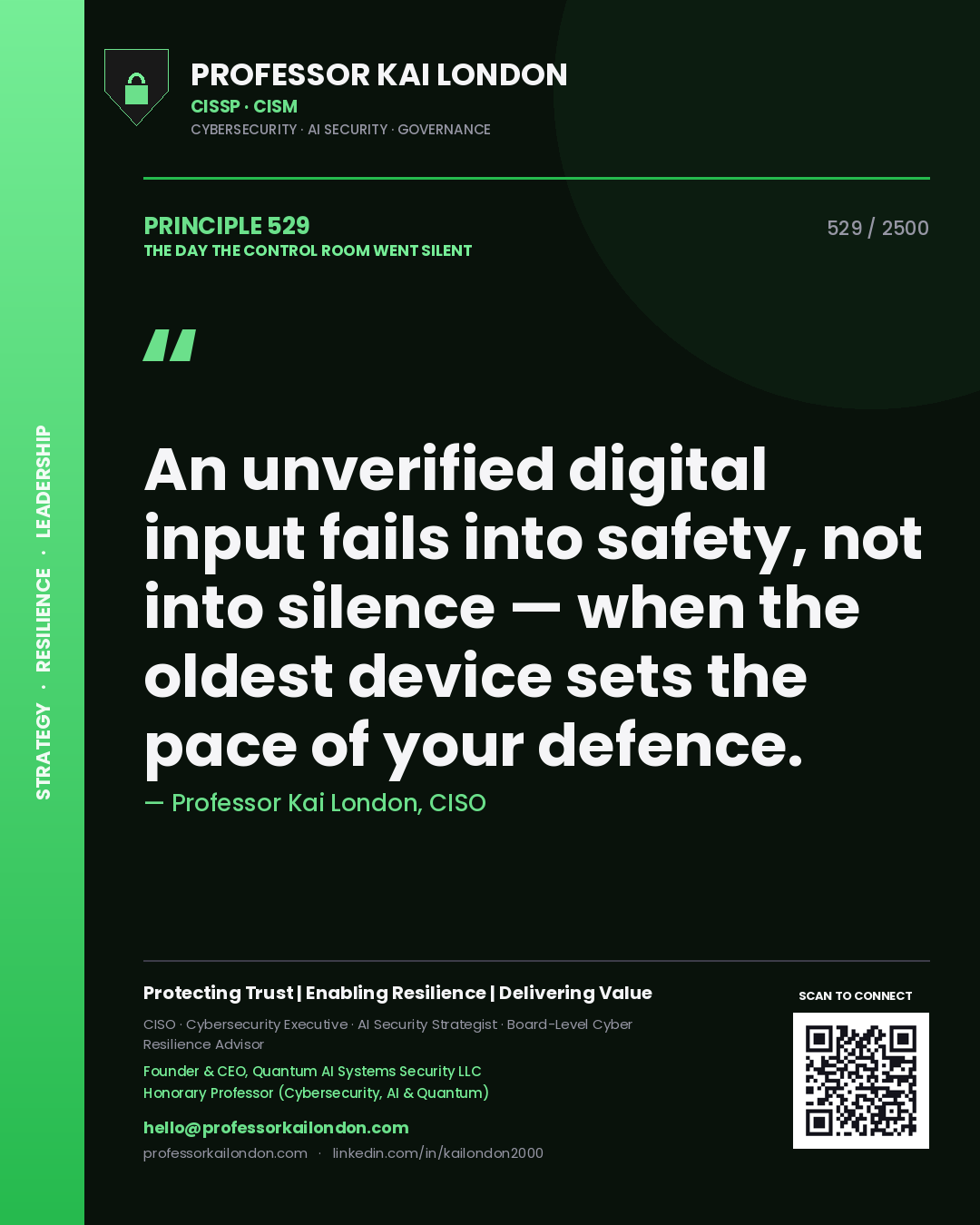 Professor Kai London principle 529: An unverified digital input fails into safety, not into silence — when the oldest device sets the pace of your defence.