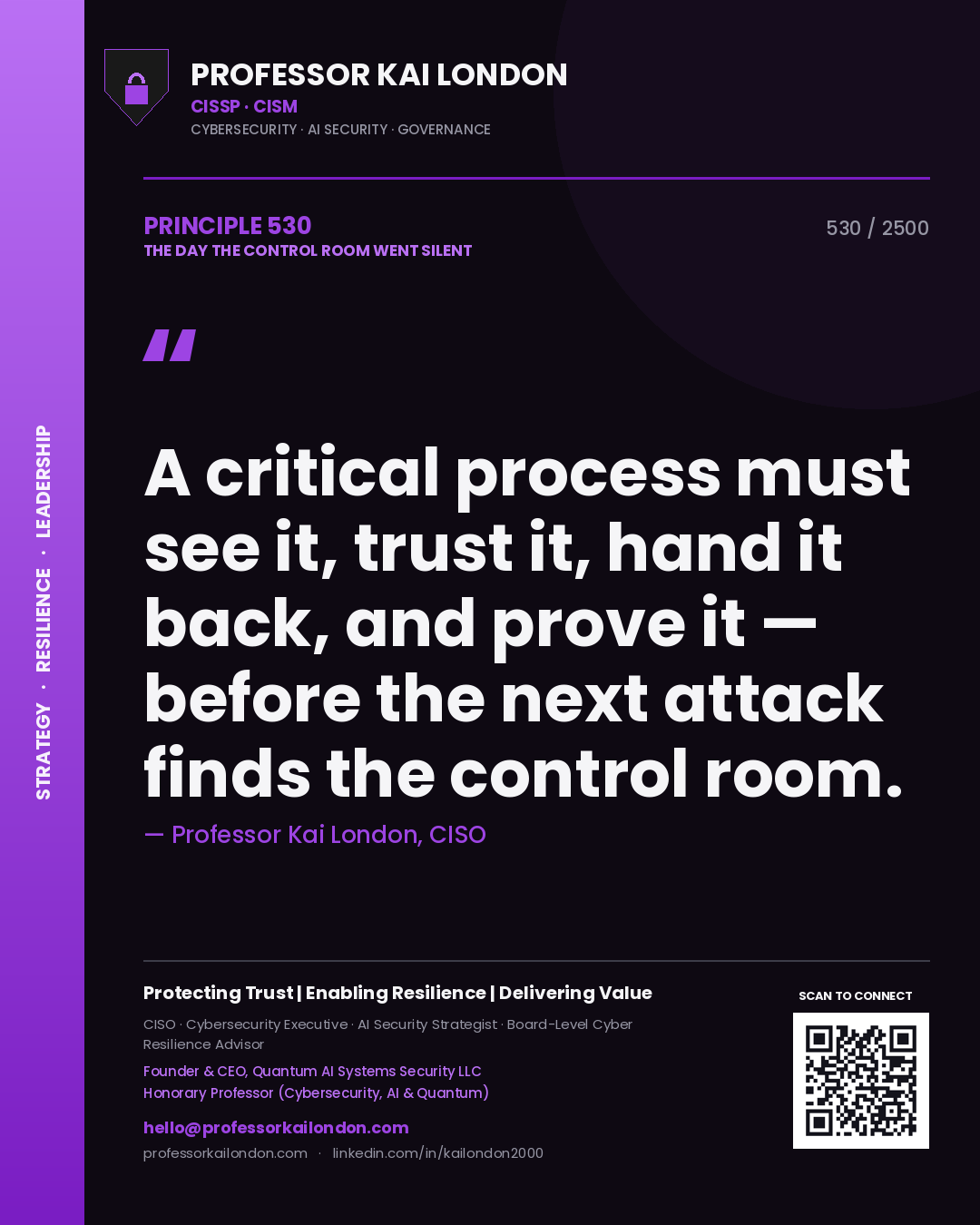 Quote card by Professor Kai London reading 'A critical process must see it, trust it, hand it back, and prove it — before the next attack finds the control room.'. From the book The Day the Control Room Went Silent.