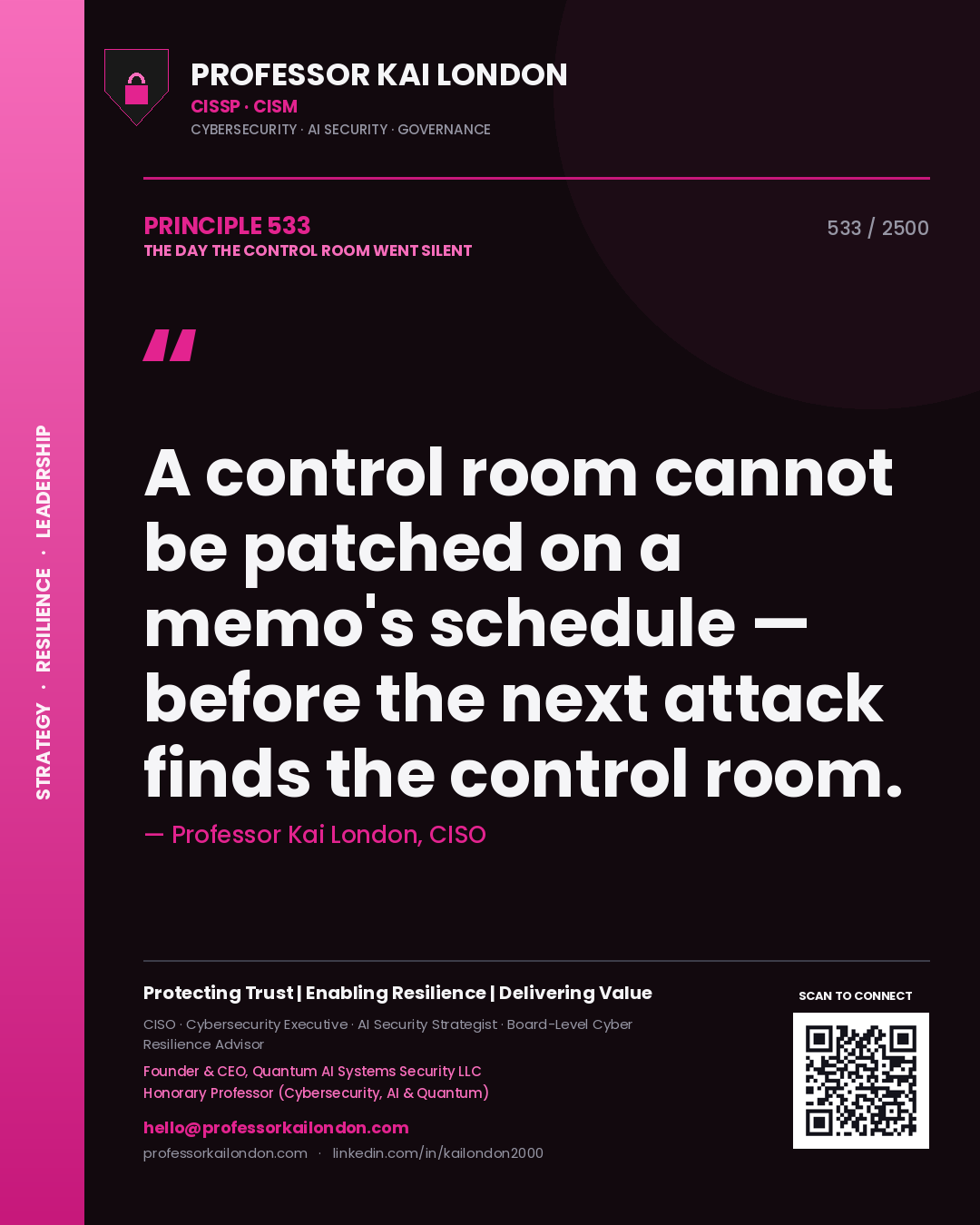 Professor Kai London principle 533: A control room cannot be patched on a memo's schedule — before the next attack finds the control room.