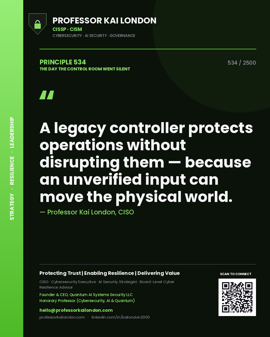 Quote card by Professor Kai London reading 'A legacy controller protects operations without disrupting them — because an unverified input can move the physical world.'. From the book The Day the Control Room Went Silent.