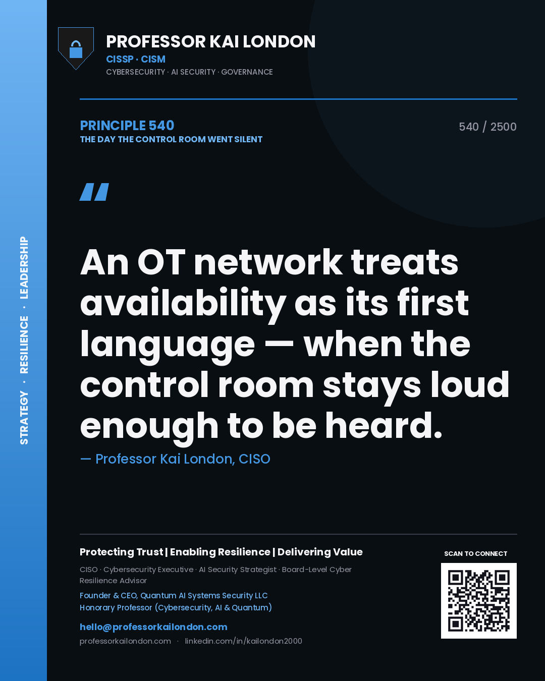 Quote card by Professor Kai London reading 'An OT network treats availability as its first language — when the control room stays loud enough to be heard.'. From the book The Day the Control Room Went Silent.
