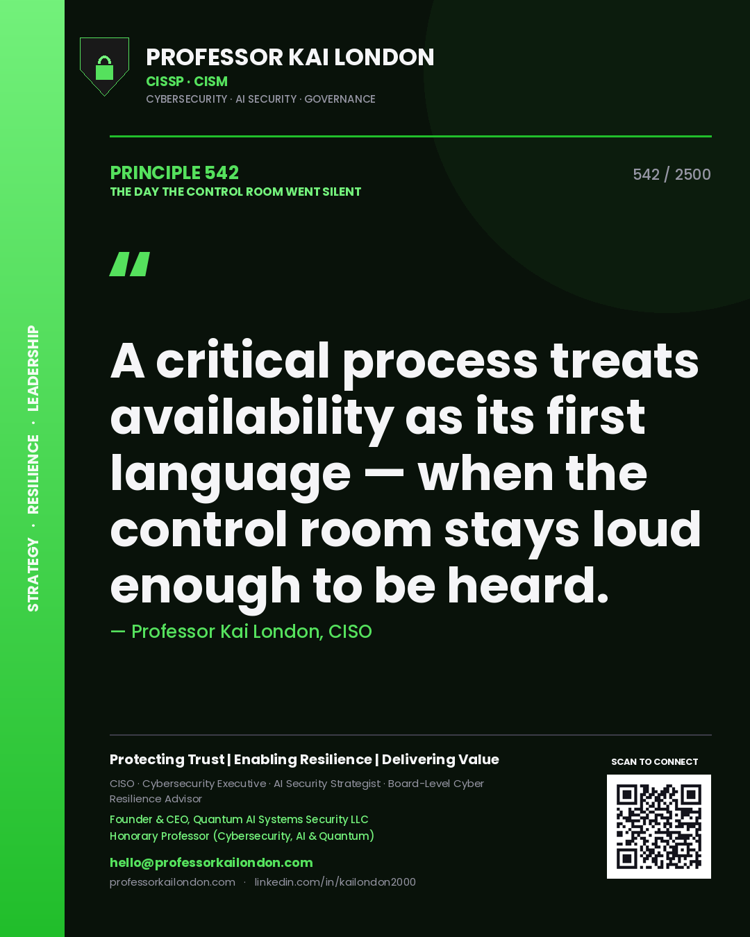 Quote card by Professor Kai London reading 'A critical process treats availability as its first language — when the control room stays loud enough to be heard.'. From the book The Day the Control Room Went Silent.