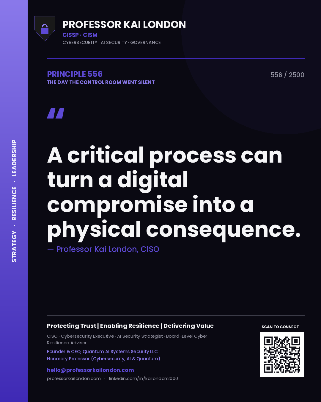 Quote card by Professor Kai London reading 'A critical process can turn a digital compromise into a physical consequence.'. From the book The Day the Control Room Went Silent.