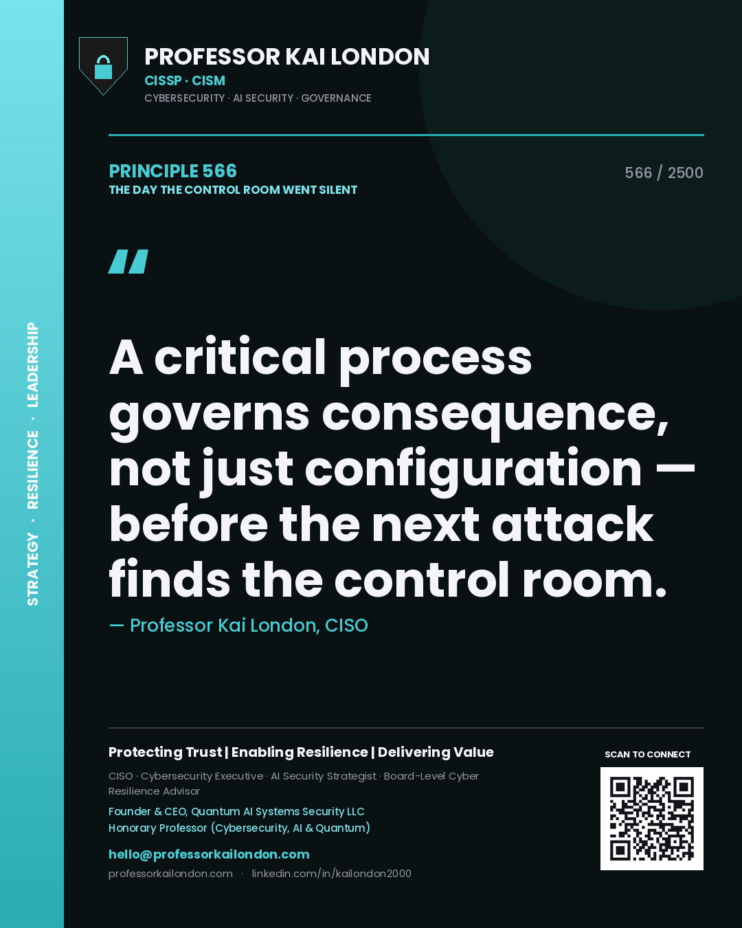 Professor Kai London principle 566: A critical process governs consequence, not just configuration — before the next attack finds the control room.