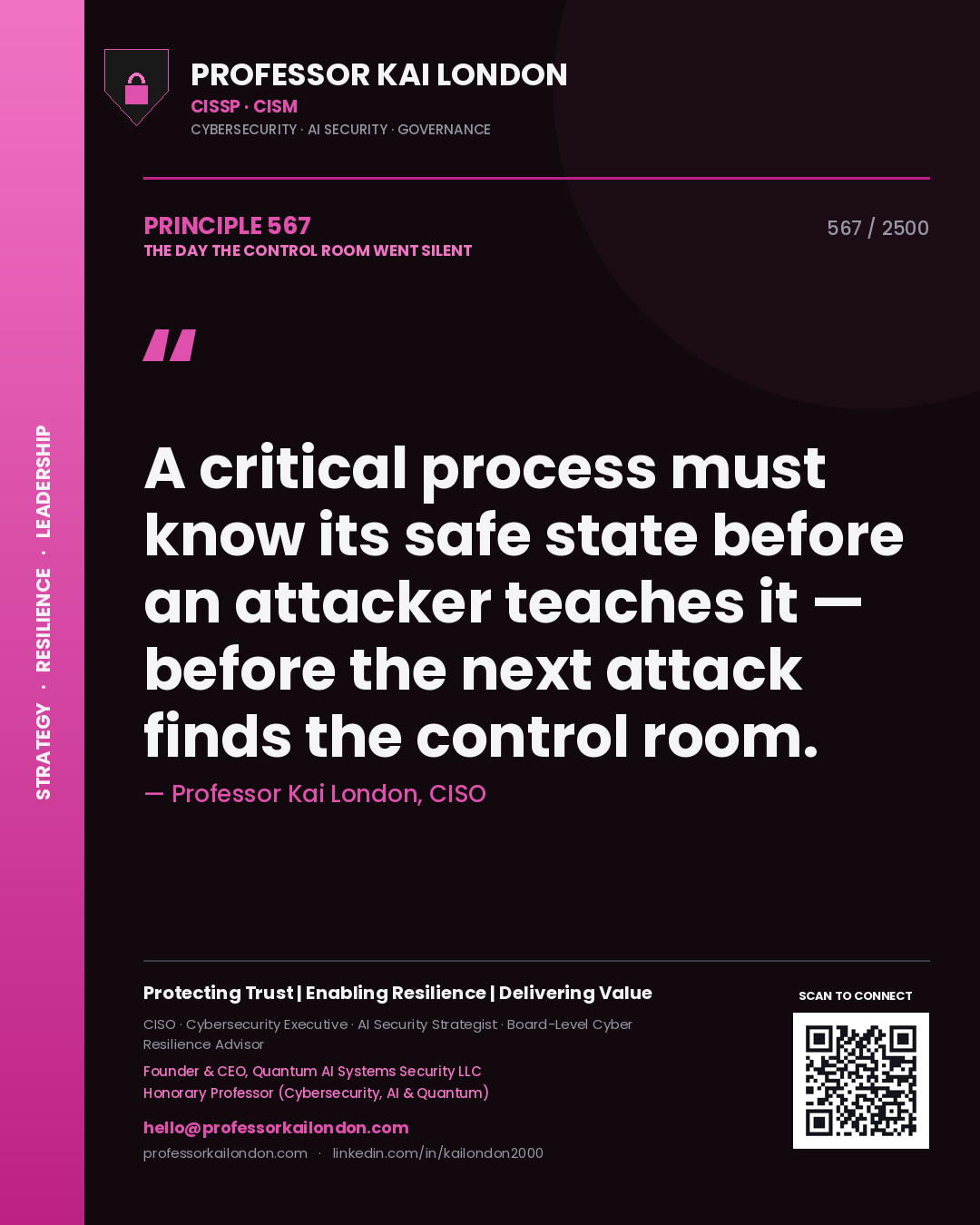 Professor Kai London principle 567: A critical process must know its safe state before an attacker teaches it — before the next attack finds the control room.