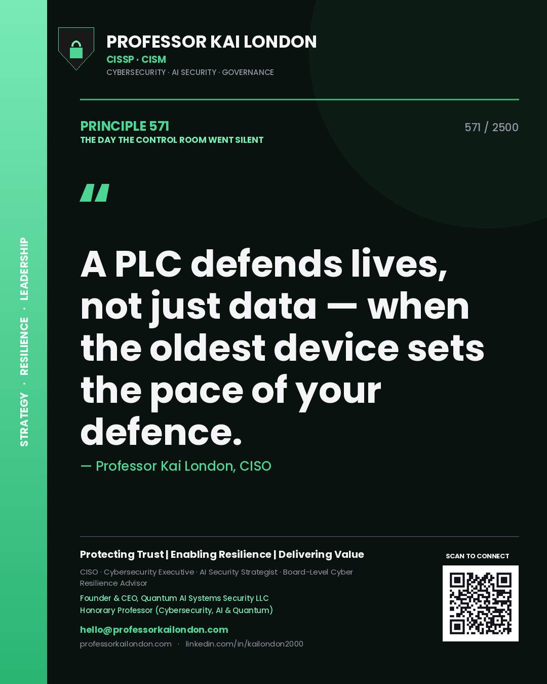Quote card by Professor Kai London reading 'A PLC defends lives, not just data — when the oldest device sets the pace of your defence.'. From the book The Day the Control Room Went Silent.