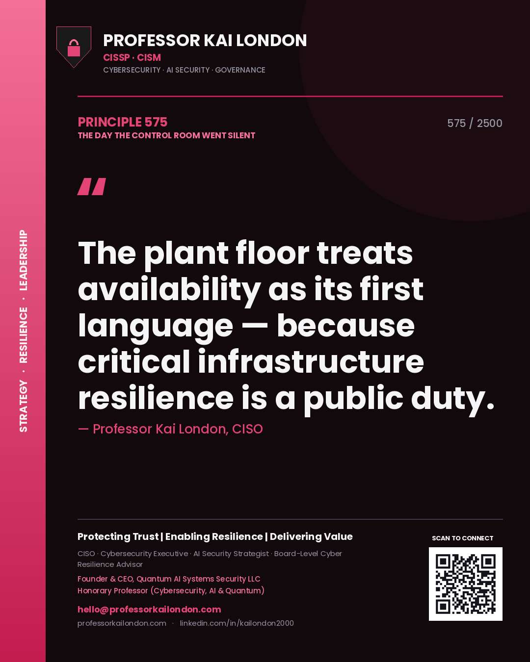 Professor Kai London principle 575: The plant floor treats availability as its first language — because critical infrastructure resilience is a public duty.