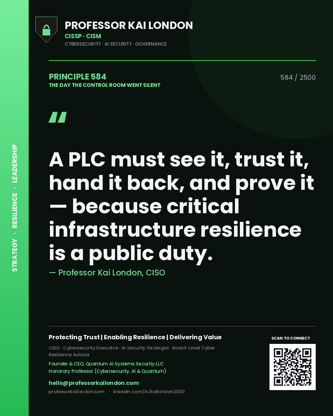 Quote card by Professor Kai London reading 'A PLC must see it, trust it, hand it back, and prove it — because critical infrastructure resilience is a public duty.'. From the book The Day the Control Room Went Silent.