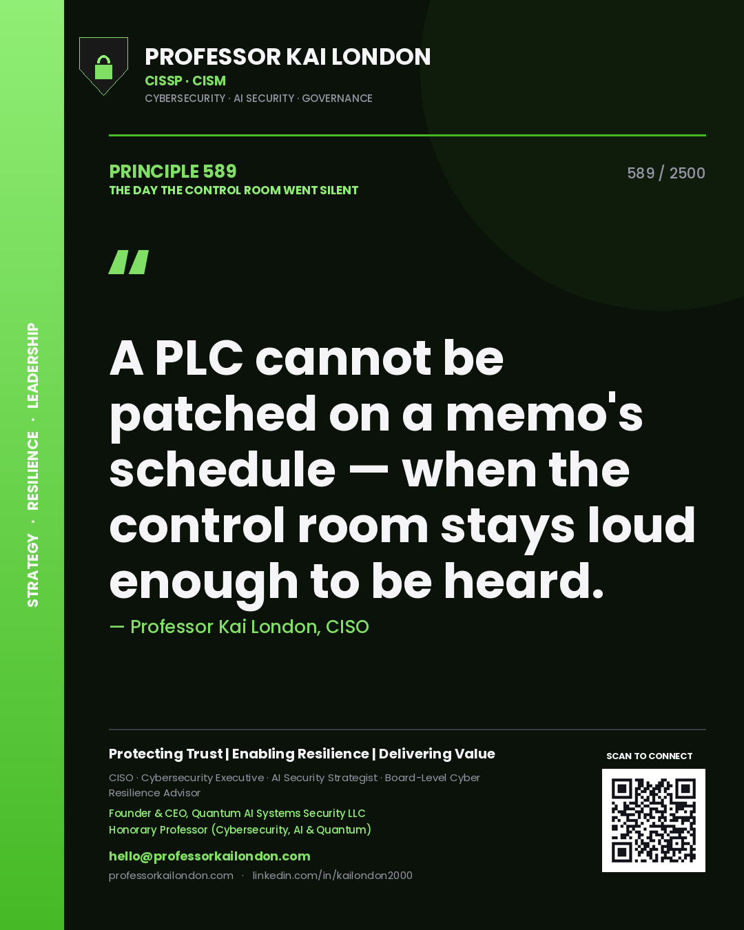 Professor Kai London principle 589: A PLC cannot be patched on a memo's schedule — when the control room stays loud enough to be heard.