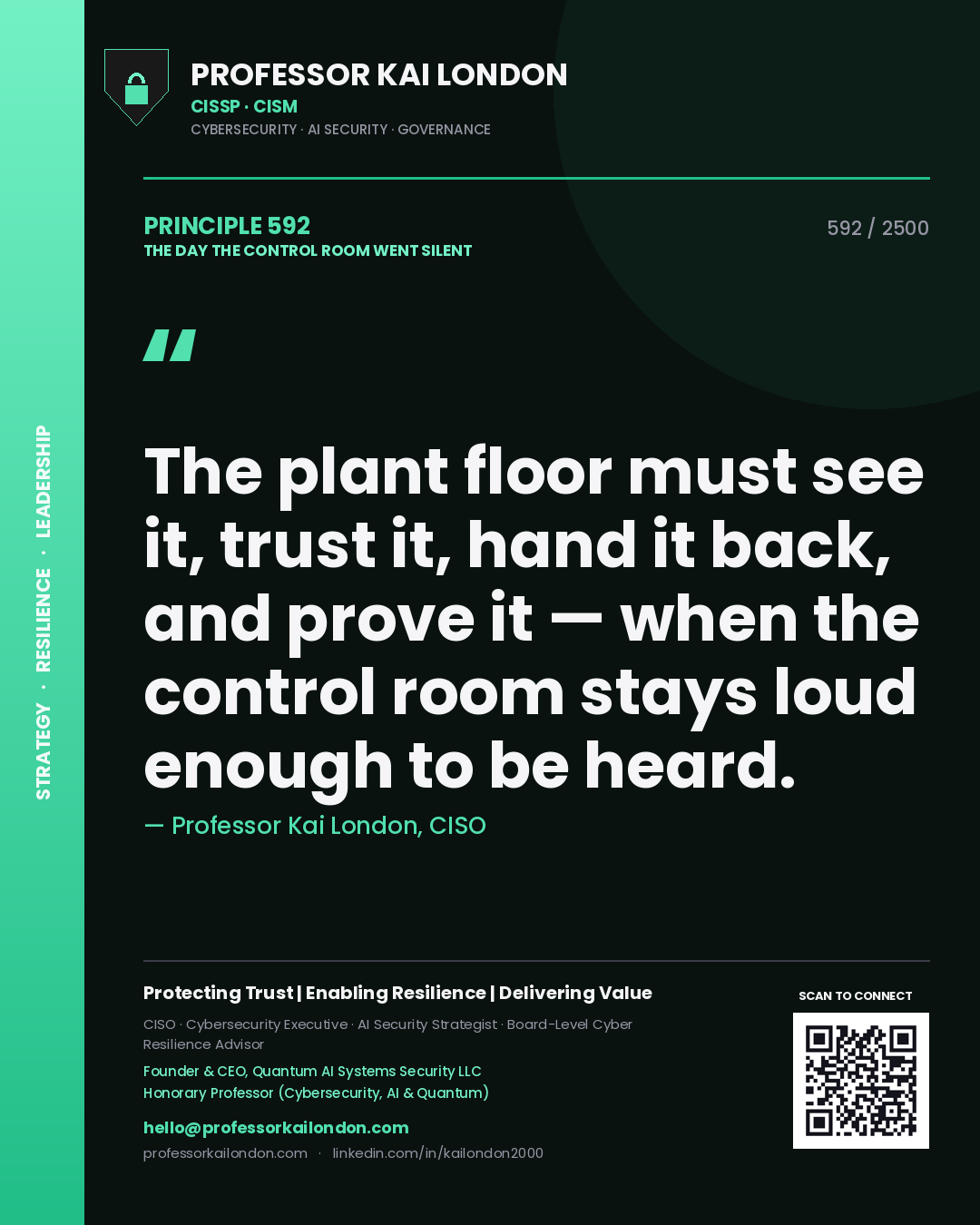 Professor Kai London principle 592: The plant floor must see it, trust it, hand it back, and prove it — when the control room stays loud enough to be heard.