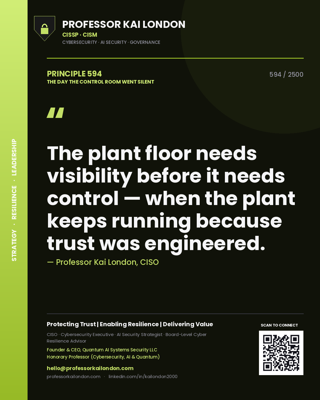 Quote card by Professor Kai London reading 'The plant floor needs visibility before it needs control — when the plant keeps running because trust was engineered.'. From the book The Day the Control Room Went Silent.