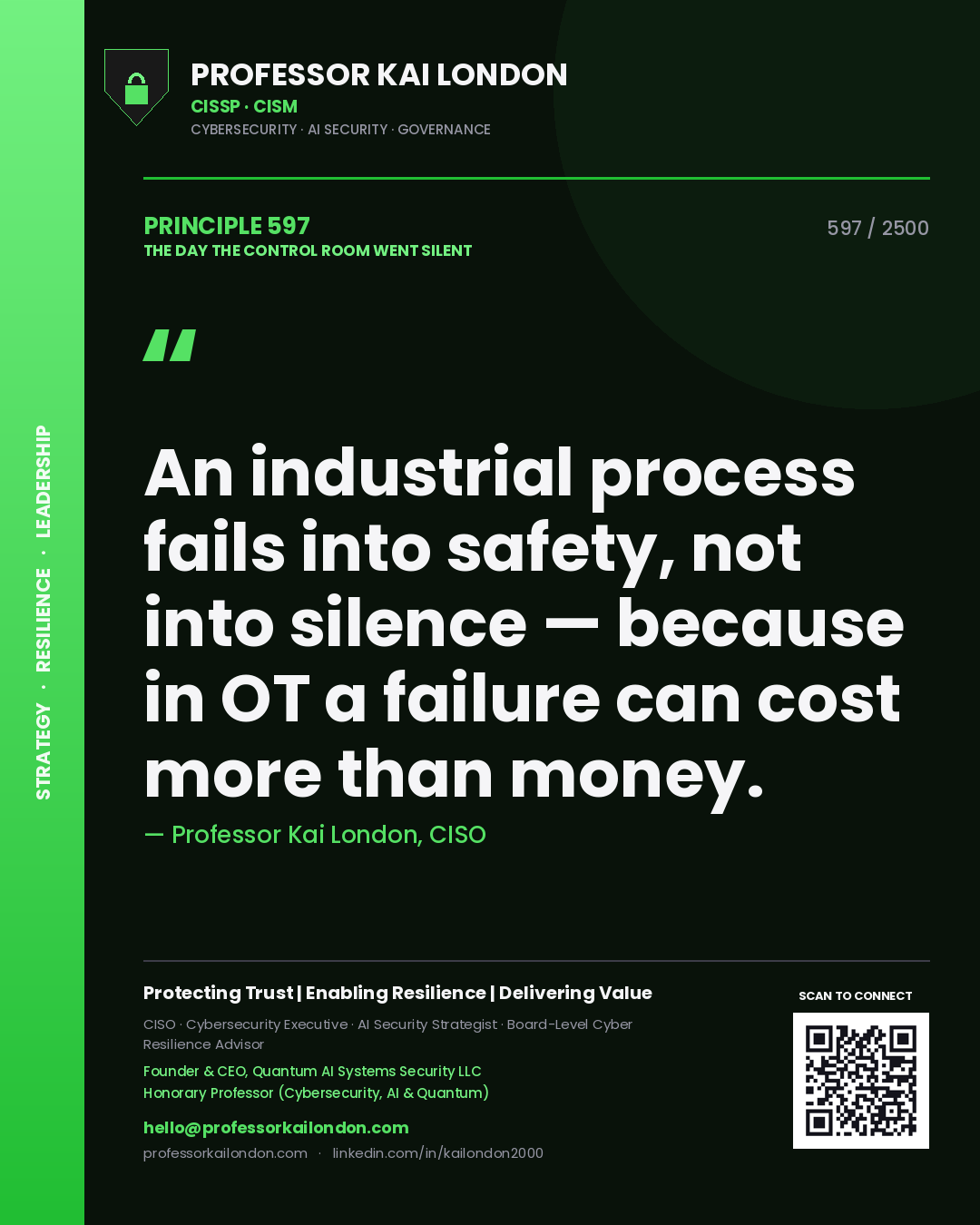 Quote card by Professor Kai London reading 'An industrial process fails into safety, not into silence — because in OT a failure can cost more than money.'. From the book The Day the Control Room Went Silent.