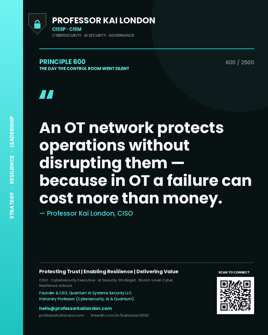 Quote card by Professor Kai London reading 'An OT network protects operations without disrupting them — because in OT a failure can cost more than money.'. From the book The Day the Control Room Went Silent.