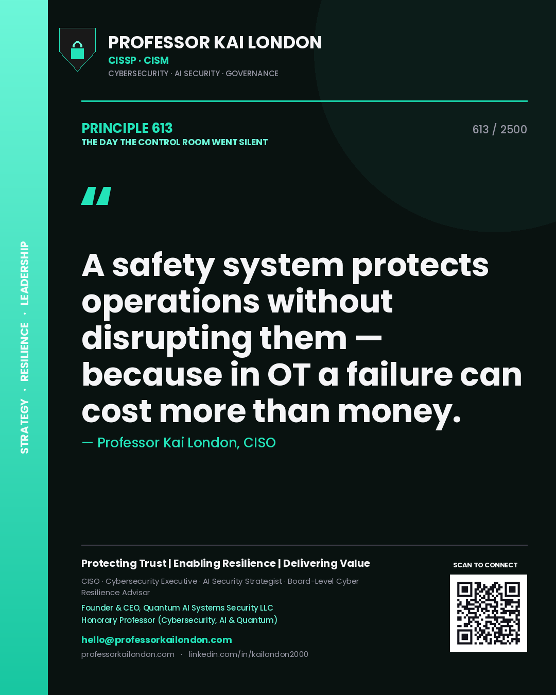 Quote card by Professor Kai London reading 'A safety system protects operations without disrupting them — because in OT a failure can cost more than money.'. From the book The Day the Control Room Went Silent.