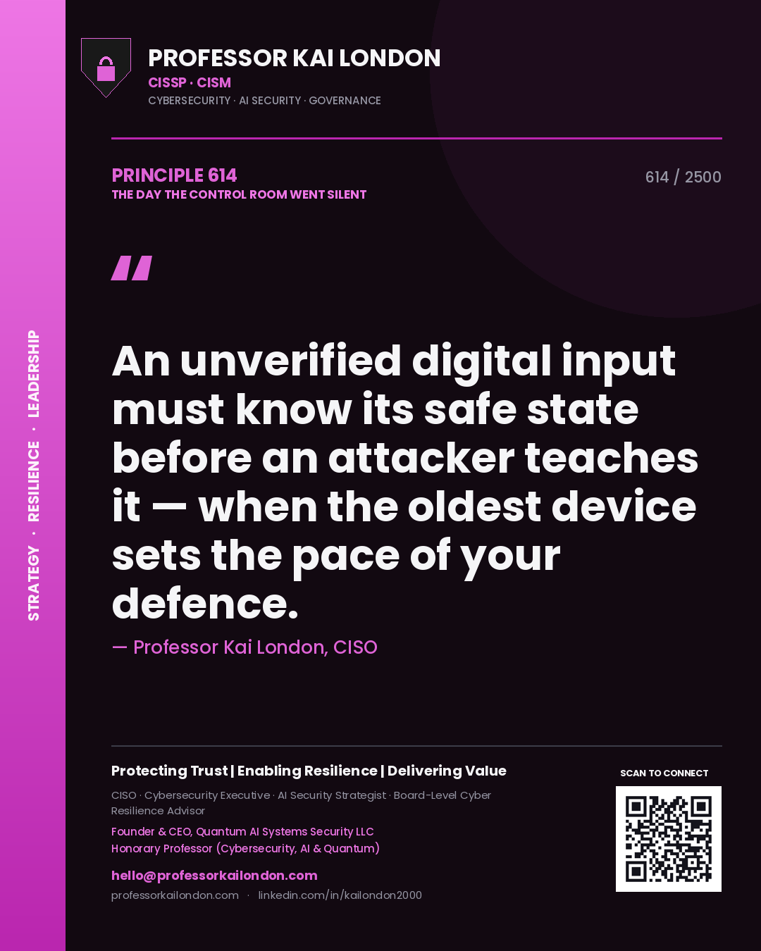 Quote card by Professor Kai London reading 'An unverified digital input must know its safe state before an attacker teaches it — when the oldest device sets the pace of your defence.'. From the book The Day the Control Room Went Silent.