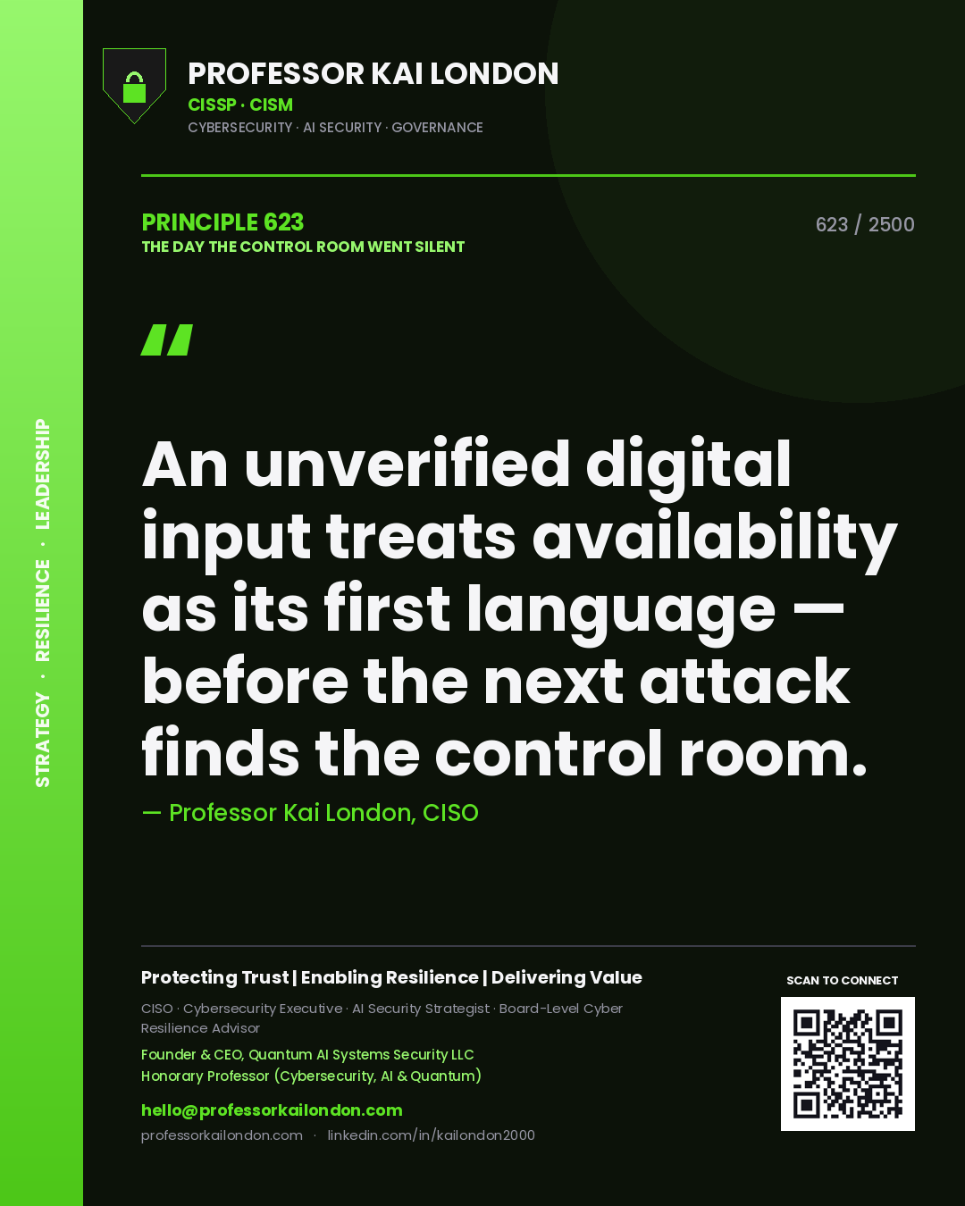 Quote card by Professor Kai London reading 'An unverified digital input treats availability as its first language — before the next attack finds the control room.'. From the book The Day the Control Room Went Silent.