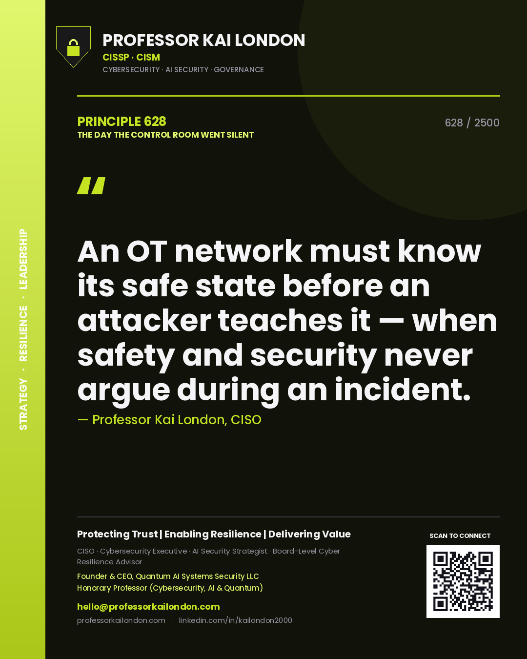 Quote card by Professor Kai London reading 'An OT network must know its safe state before an attacker teaches it — when safety and security never argue during an incident.'. From the book The Day the Control Room Went Silent.