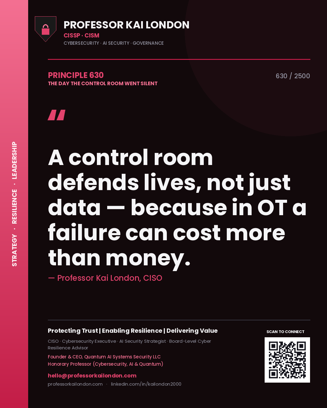 Quote card by Professor Kai London reading 'A control room defends lives, not just data — because in OT a failure can cost more than money.'. From the book The Day the Control Room Went Silent.