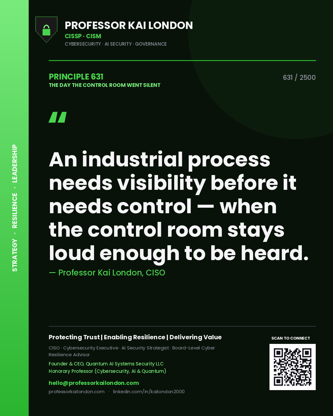 Quote card by Professor Kai London reading 'An industrial process needs visibility before it needs control — when the control room stays loud enough to be heard.'. From the book The Day the Control Room Went Silent.