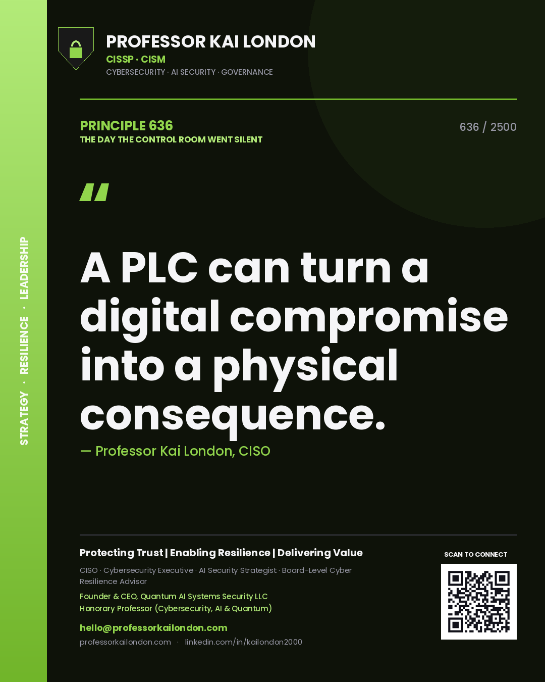 Quote card by Professor Kai London reading 'A PLC can turn a digital compromise into a physical consequence.'. From the book The Day the Control Room Went Silent.