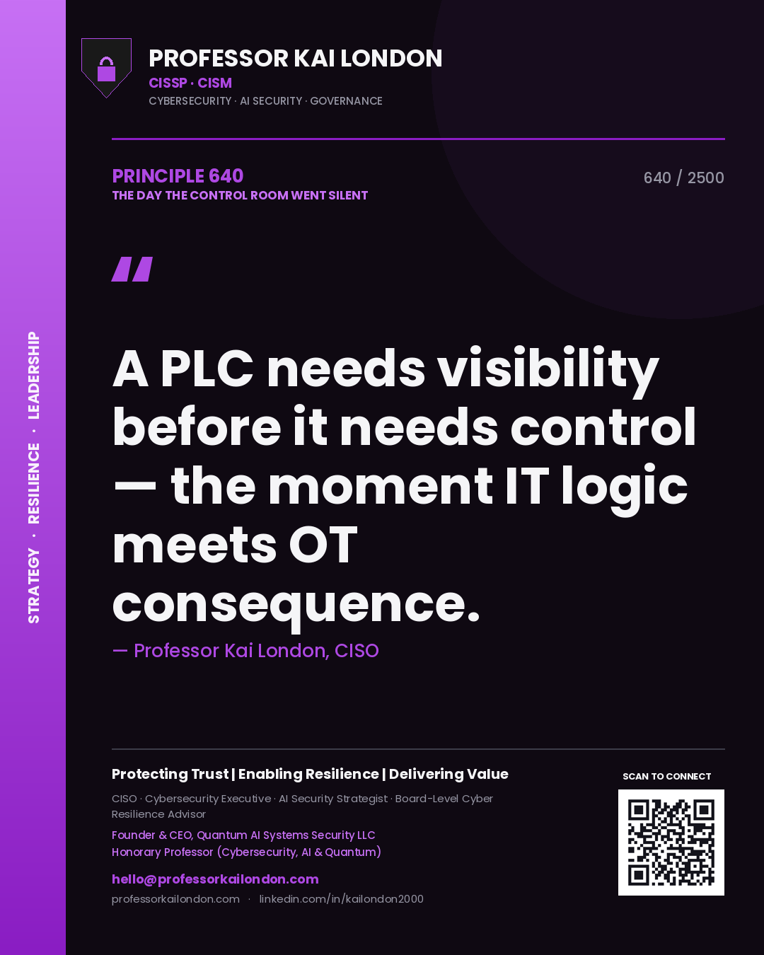 Quote card by Professor Kai London reading 'A PLC needs visibility before it needs control — the moment IT logic meets OT consequence.'. From the book The Day the Control Room Went Silent.
