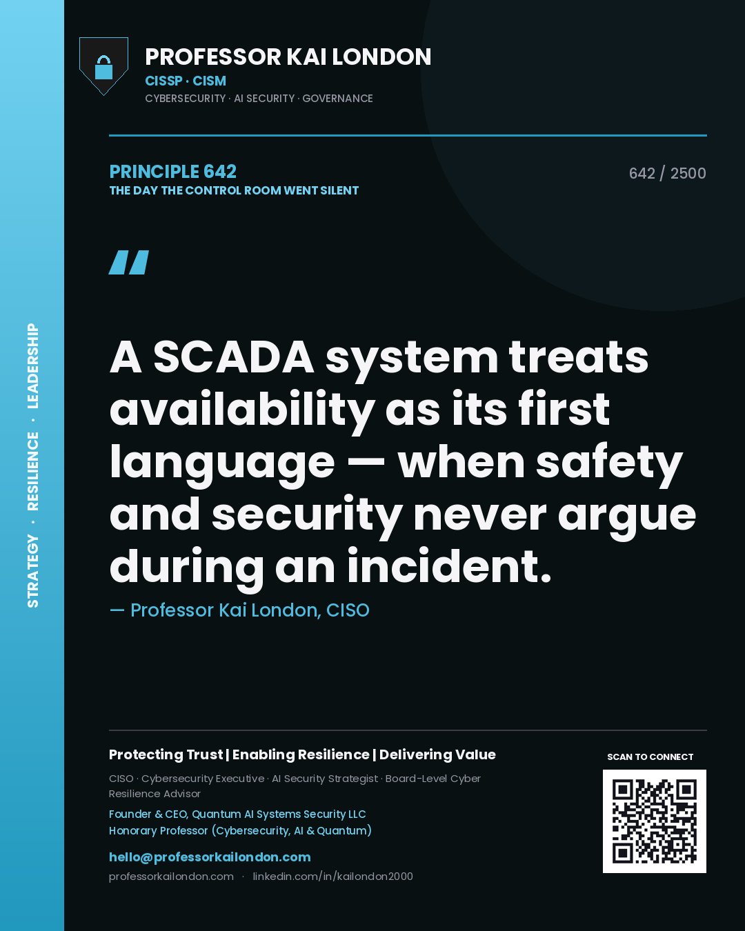Quote card by Professor Kai London reading 'A SCADA system treats availability as its first language — when safety and security never argue during an incident.'. From the book The Day the Control Room Went Silent.