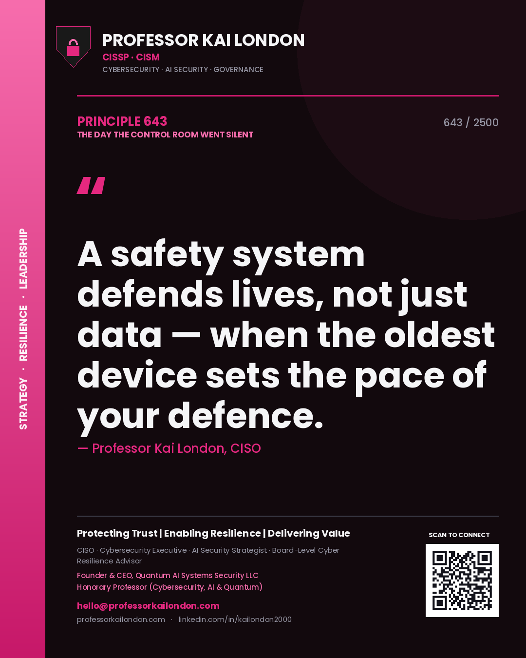 Quote card by Professor Kai London reading 'A safety system defends lives, not just data — when the oldest device sets the pace of your defence.'. From the book The Day the Control Room Went Silent.