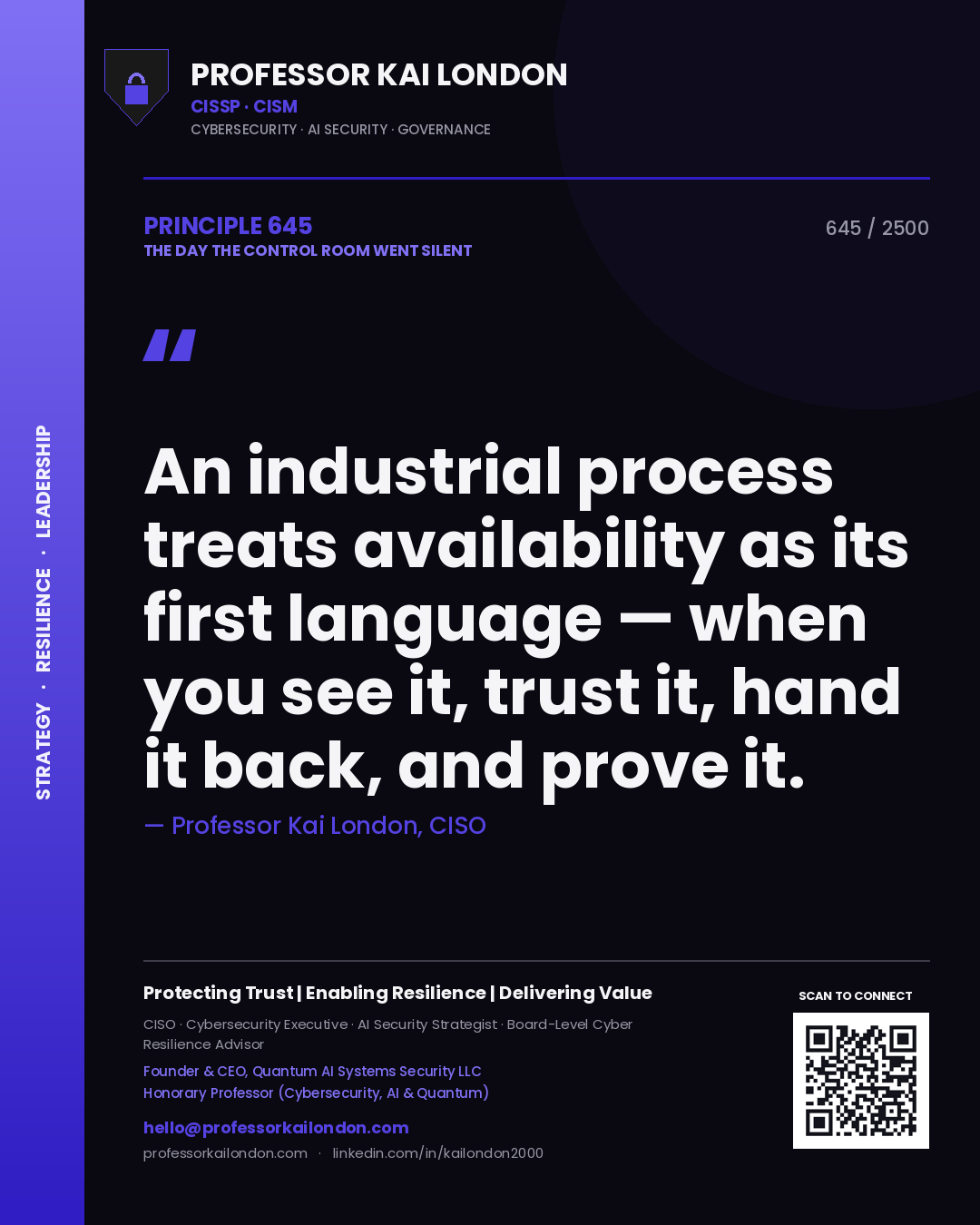 Quote card by Professor Kai London reading 'An industrial process treats availability as its first language — when you see it, trust it, hand it back, and prove it.'. From the book The Day the Control Room Went Silent.