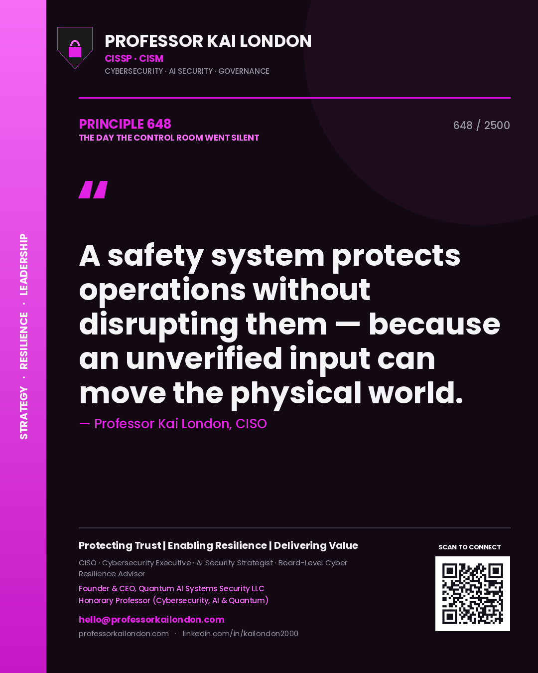 Quote card by Professor Kai London reading 'A safety system protects operations without disrupting them — because an unverified input can move the physical world.'. From the book The Day the Control Room Went Silent.