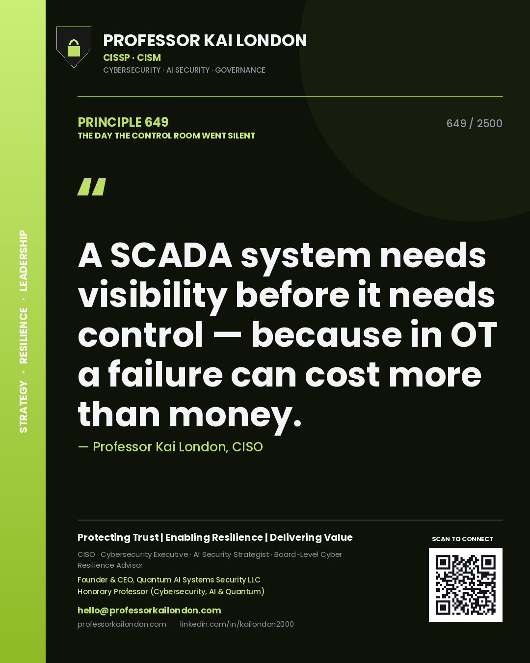 Quote card by Professor Kai London reading 'A SCADA system needs visibility before it needs control — because in OT a failure can cost more than money.'. From the book The Day the Control Room Went Silent.