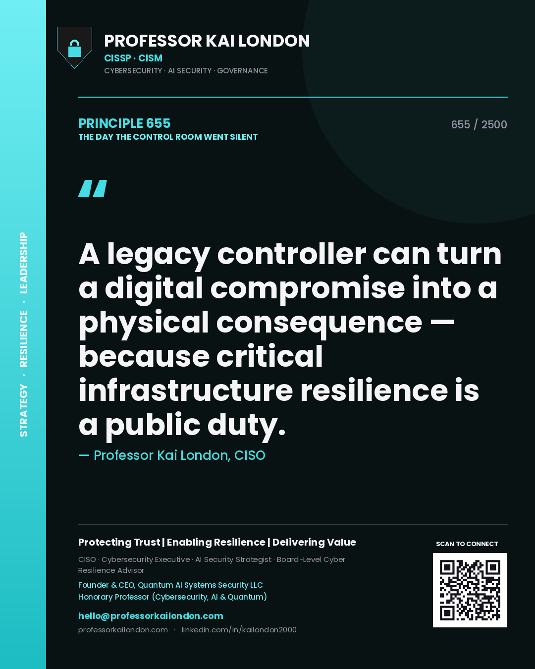 Quote card by Professor Kai London reading 'A legacy controller can turn a digital compromise into a physical consequence — because critical infrastructure resilience is a public duty.'. From the book The Day the Control Room Went Silent.