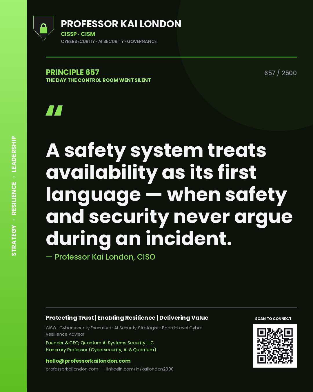 Quote card by Professor Kai London reading 'A safety system treats availability as its first language — when safety and security never argue during an incident.'. From the book The Day the Control Room Went Silent.