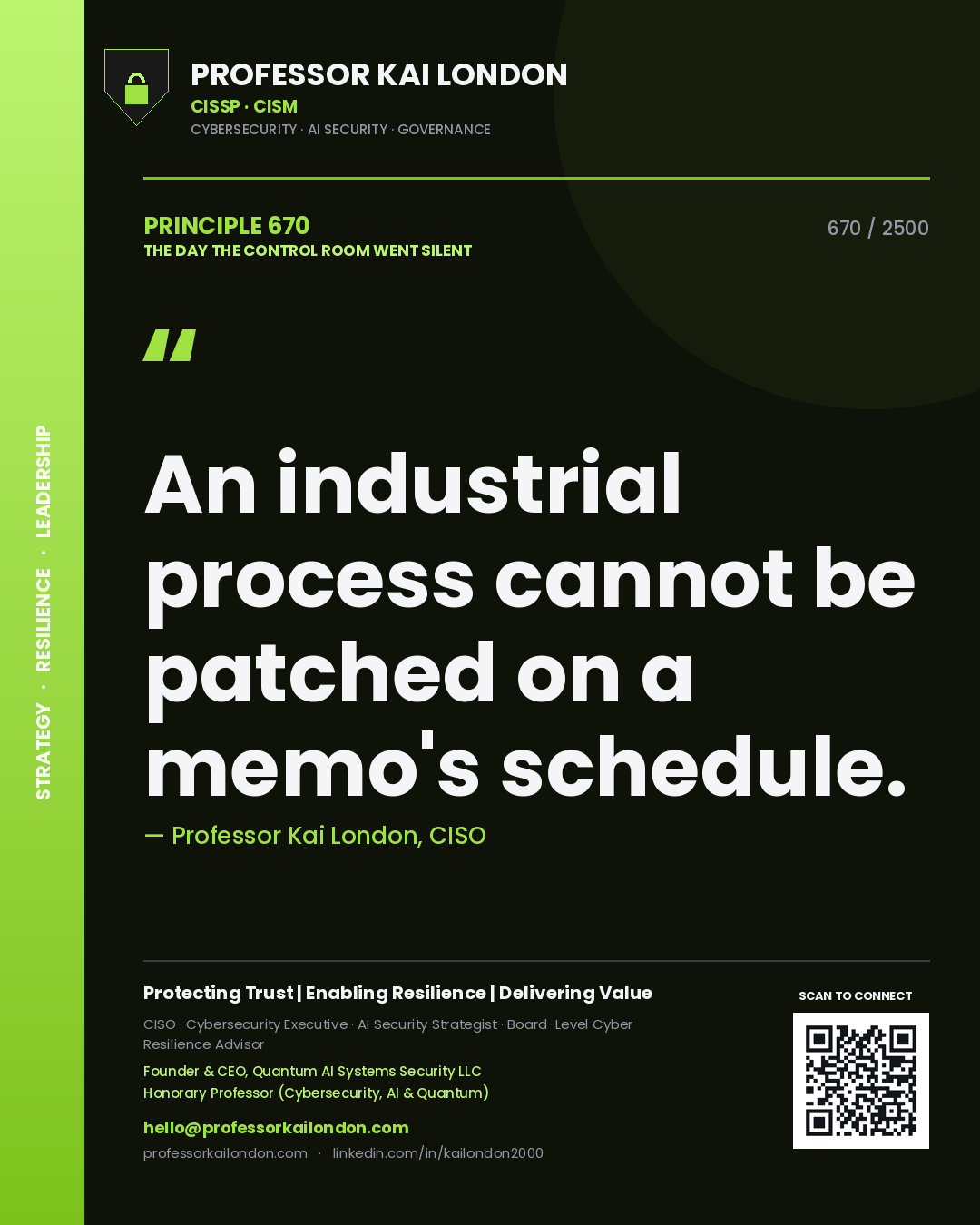 Quote card by Professor Kai London reading 'An industrial process cannot be patched on a memo's schedule.'. From the book The Day the Control Room Went Silent.