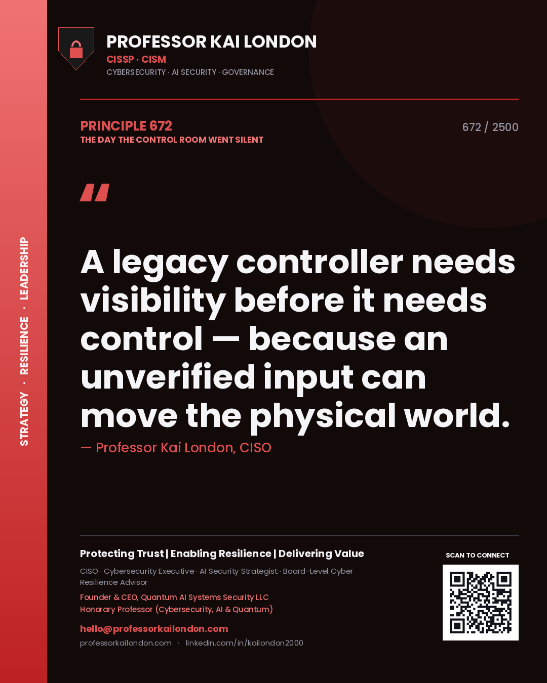 Quote card by Professor Kai London reading 'A legacy controller needs visibility before it needs control — because an unverified input can move the physical world.'. From the book The Day the Control Room Went Silent.