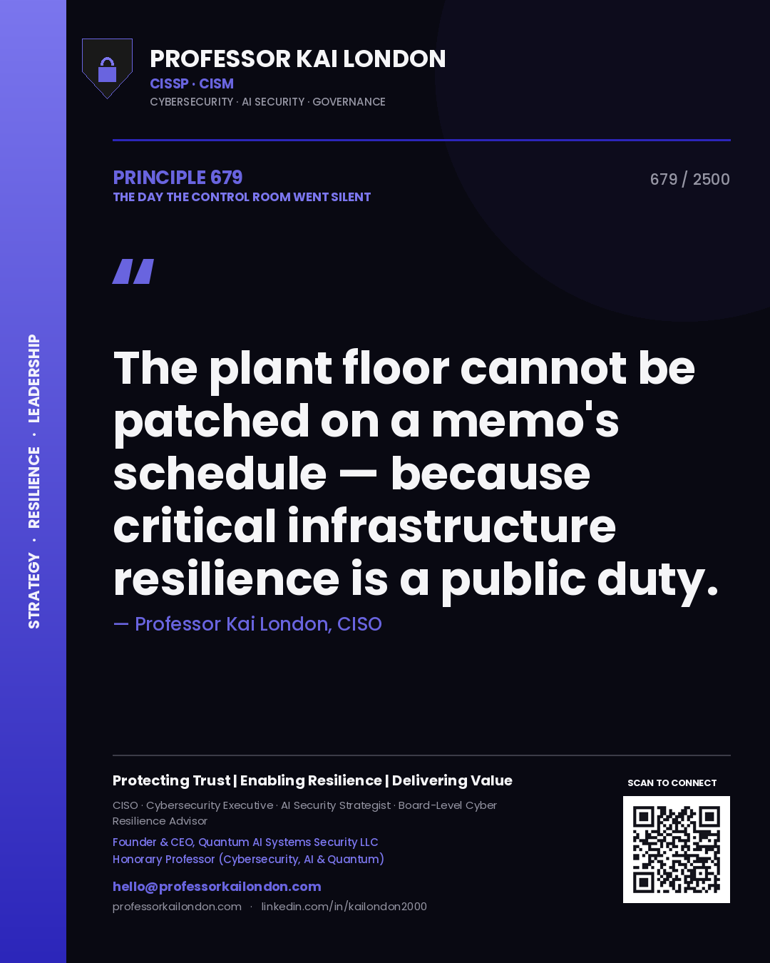 Quote card by Professor Kai London reading 'The plant floor cannot be patched on a memo's schedule — because critical infrastructure resilience is a public duty.'. From the book The Day the Control Room Went Silent.